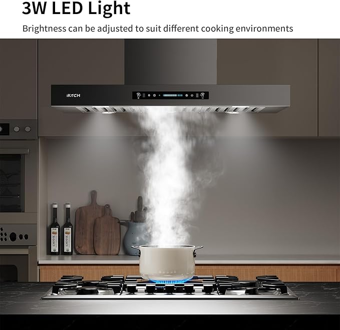 IKTCH Upgrated 36 inch Island Mount Range Hood, 900 CFM Ducted Range Hood with 4 Speed Fan, Stainless Steel with Gesture Sensing & Touch Control Making life Smarter IKIS02-36