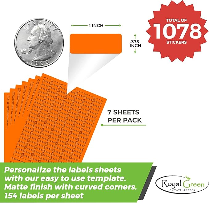 Labels Printable Sticker Paper Sheets for Printers in Neon Orange - 1078 Pack, Small Printing Labels 1 inch x 0.375 inch for Laser Printers with Template Included, 7 Full Sheets