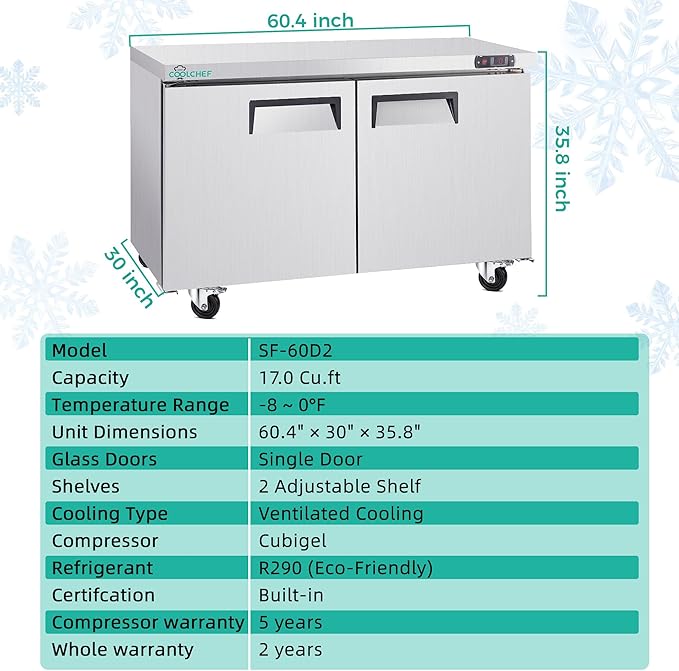 60" Commercial Double Door Worktop Freezer, 17 Cu.ft Stainless Steel Undercounter Freezer, -8–0°F, R290