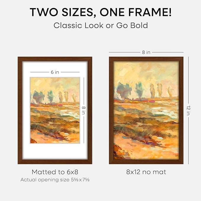 Homeforia 12x8 Picture Frame Brown, High End Dark Oak 8x12 Walnut Wooden Frames with Mat 6x8 Photo, 8 x 12 Wood Frame Matted to 6 by 8 Print, Wall or Tabletop Frame, Tempered Glass, Wall Kit, Set of 3