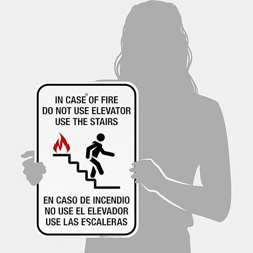 in Case of Fire Do Not Use Elevator Use The Stairs Bilingual Sign, Fire Safety Sign, 12x18 Inches, 3M EGP Reflective .063 Aluminum, Fade Resistant, Indoor/Outdoor Use, Made in USA