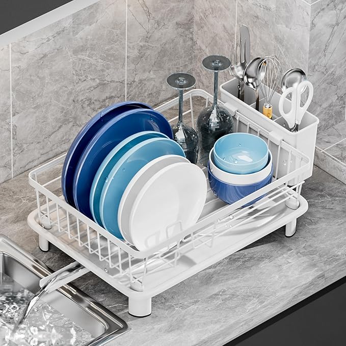 Dish Drying Rack, Space-Saving Dish Rack, Dish Racks for Kitchen Counter, Drying Rack Kitchen with Removable Utensil Holder, and Automatic Drainage Drainboard, 11''W x 15''L, White