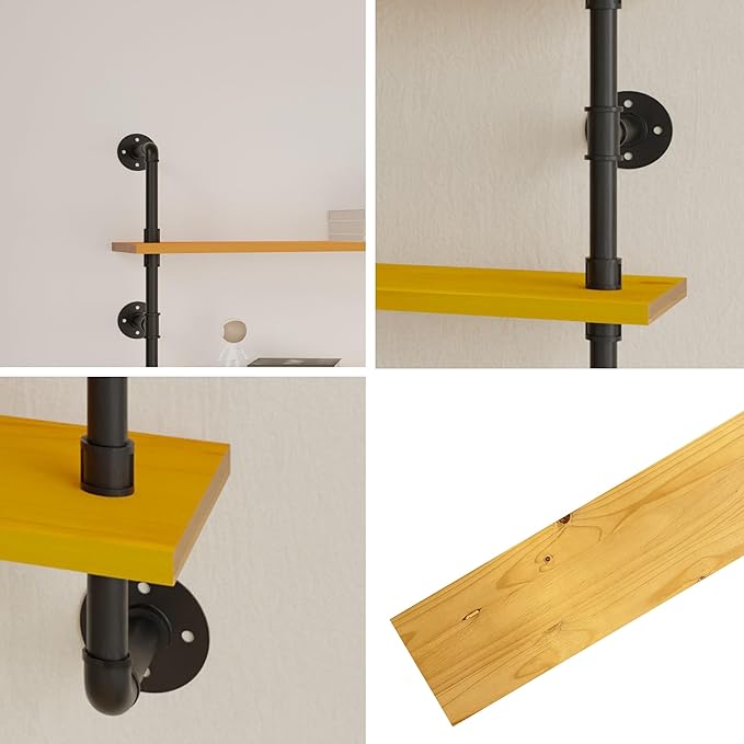 Industrial Pipe Shelving Shelf Rustic Wood Wall Shelves Industrial Floating Shelves for Wall 48 Inch Farmhouse Bookshelf Pipe Shelves Living Room Kitchen