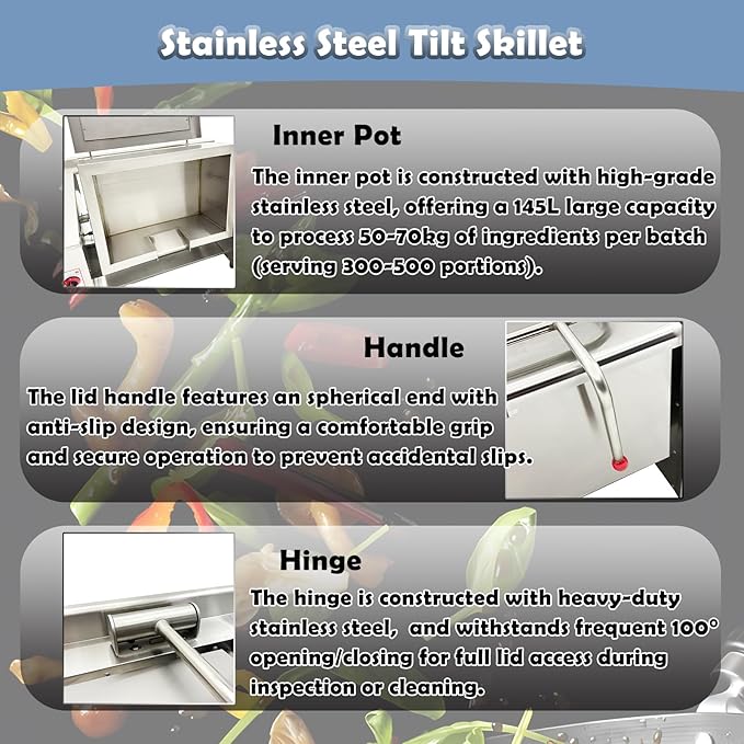 Electric Tilting Skillet Braising Pan Commercial Tilting 38.3Gal (145L) 0-90° Stainless Steel Tilt Skillet for Restaurants, Hotels 220V 3PH