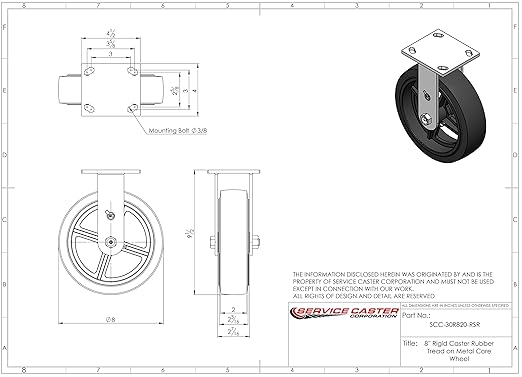 Service Caster Brand Replacement Caster for Uline Caster H-3327R - Rigid Top Plate Caster with 8 Inch Rubber on Metal Wheel -Heavy Duty Replacement Caster-Fits Platform, U-Boat and Panel Trucks H-1192