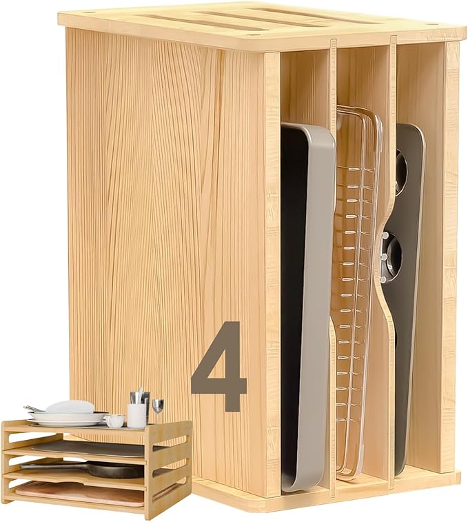 celestite Wooden Tray Dividers for Cabinets, Cookie Sheet Organizer for Cabinet, Baking Sheet Pan Organizer for Kitchen Organizers and Storage (4 Tier 12.4" Wx8.9 Hx16.7 D)
