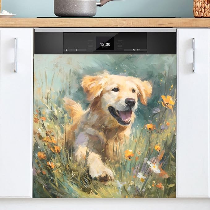 Golden Retriever Dishwasher Magnet Cover Magnet Sticker for Kitchen 23x26in Dish Washer Magnet Cover Refrigerator Magnets Panel Decal Pad