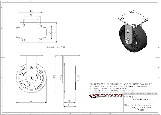 Service Caster Brand Replacement Caster for Uline Caster H-3326R - Rigid Top Plate Caster with 6 Inch Rubber on Metal Wheel -Heavy Duty Replacement Caster-Fits Platform, U-Boat and Panel Trucks H-1191