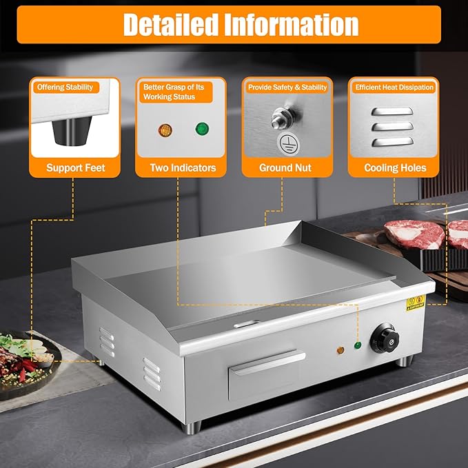 Electric Griddle, Electric Countertop Flat Top Griddle, 110V 3000W Stainless Steel Non-Stick Flat Top Grill, 122-572℉ Adjustable Temp Control for Restaurant Kitchen BBQ Pancake