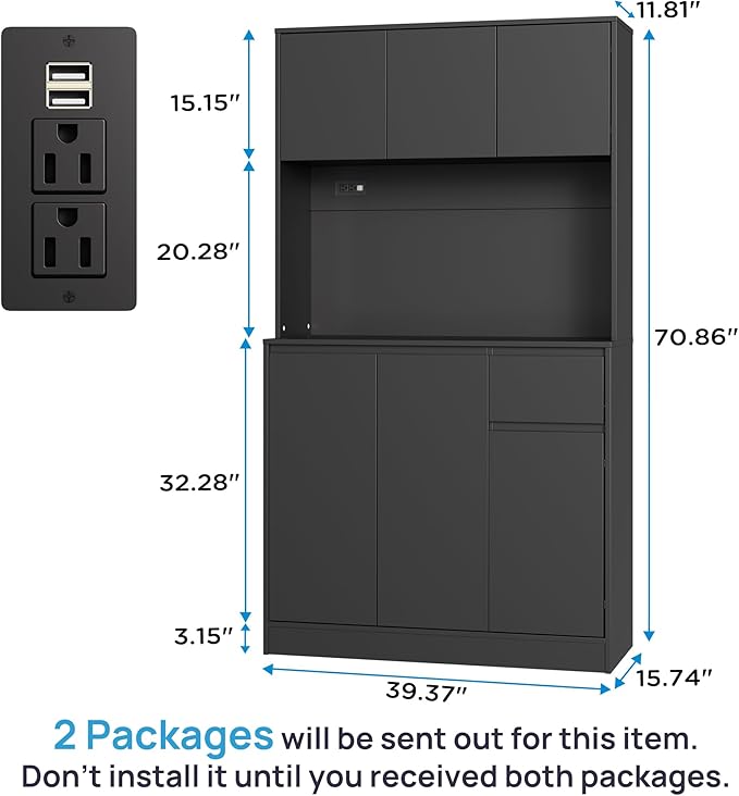 71" Tall Black Kitchen Pantry Cabinet with 6 Doors & Power Outlet, Freestanding Storage Hutch with Countertop, Adjustable Shelves for Dining Room, Laundry Room