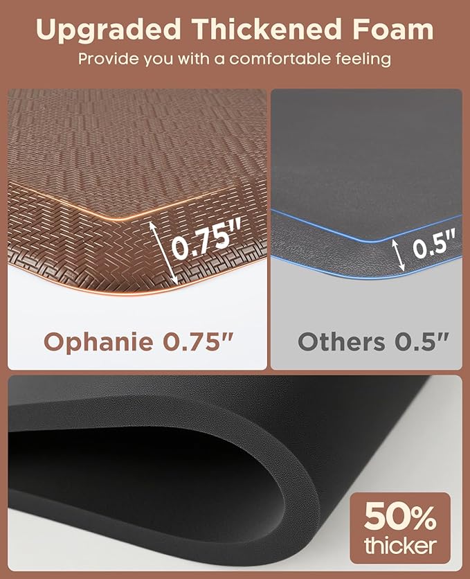 Ophanie Kitchen Mats for Floor, 3/4 Inch Thick Kitchen Rugs, 24'' x 70'' Anti Fatigue Standing Cushioned Mat, Waterproof,Comfort Ergonomic Mat for Office, Home, Sink, Brown Non-Slip Bottom