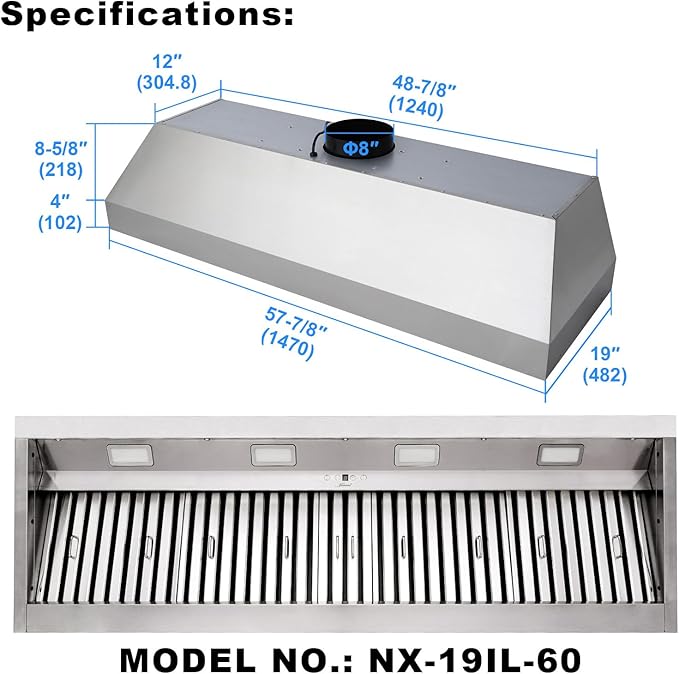 Akicon Range Hood Insert 60 Inch, 1200 CFM Built-in Kitchen Hood with 4 Speeds, Ultra-Quiet Stainless Steel Ducted Vent Hood Insert with Dimmable LED Lights and Dishwasher Safe Filters (Warm White)