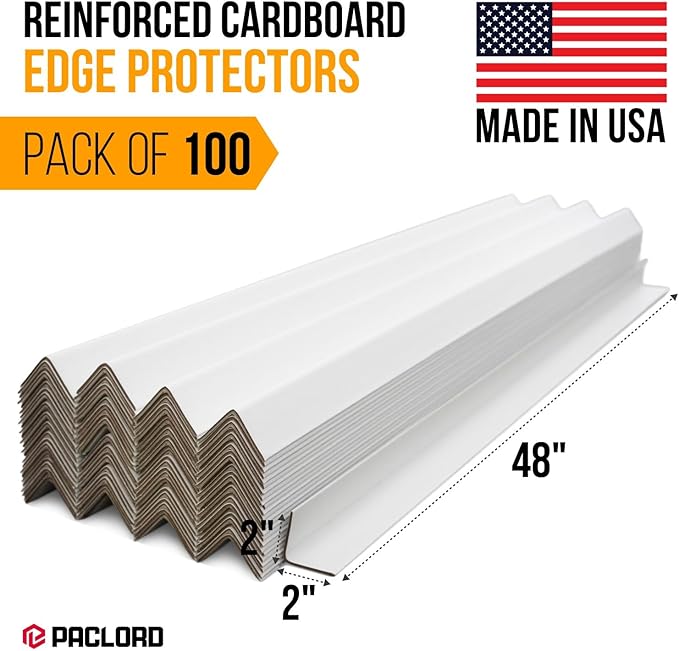 48" x 2" x 2" Reinforced Cardboard Edge Protectors, White (Pack of 100) – 0.12" Thick Medium-Duty Cardboard Corner Protectors for Shipping – American Quality V-Board Pallet Edge Guard
