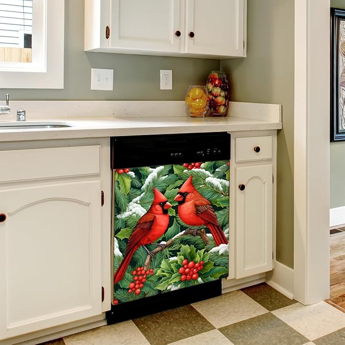 Christmas Cardinals Dishwasher Magnet Cover, 23" W x 26" H Fridge Magnetic Stickers Reuseable Magnet Panel Decal Cover for Washing Machine Fridge Microwave Cabinet Kitchen Christmas Decoration