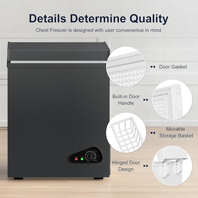 TABU 5.0 Cubic Feet Chest Freezer, Compact Freestanding Deep Freezer with 7 Level Adjustable Thermostat & Removable Basket,Top Opening, Low Noise(Black, 5.0 Cu.Ft.)