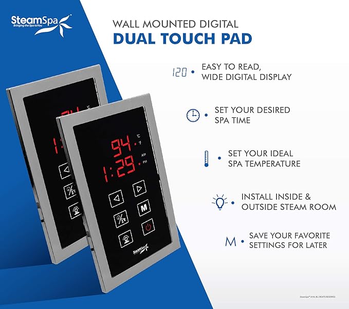 SteamSpa 9kW Steam Sauna Generator Executive Bundle 240V Steam Generator with Touch Pad, Steamheads, Pressure Relief Valve, Built-in Auto Drain, LED Light, Filter and Quick Install Kit EXT900CH-A