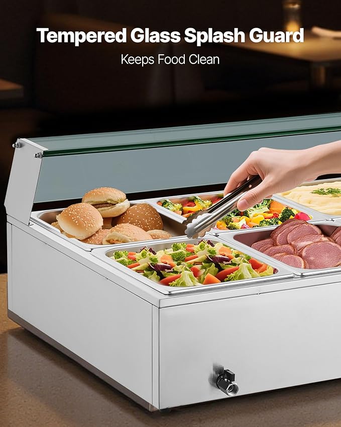 VEVOR Commercial Food Warmer, 1700W Electric Stainless Steel Steam Food Warmer with Glass Cover, 10-Pan Countertop Buffet Bain Marie with Soup & Perforated Ladles, for Catering, Restaurant & Party