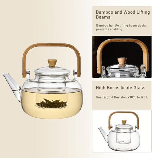 1000ml (33.8oz) Borosilicate Glass Teapot with Wooden Handle, Stovetop Safe Clear Tea Kettle with Removable Glass Infuser for Blooming Tea and Loose Leaf Tea