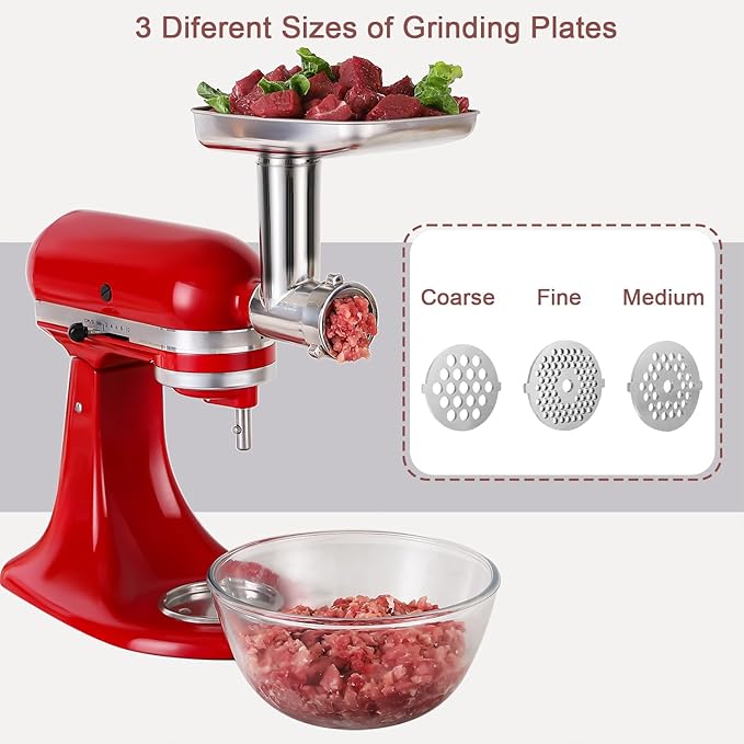 Stainless Steel Food Grinder Attachment for KitchenAid Mixers, Heavy-Duty Metal Meat Grinder with 3 Sausage Stuffers & Grinding Plates, Dishwasher Safe Accessories by Rafbar