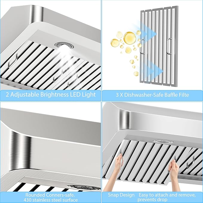 36 inch Under Cabinet Range Hood 1200 CFM with 4-Speed Gesture Sensing & Touch Control, Stainless Steel Kitchen Stove Vent Hoods with 2 LED Lights, Time Setting, Dishwasher-Safe Baffle Filters