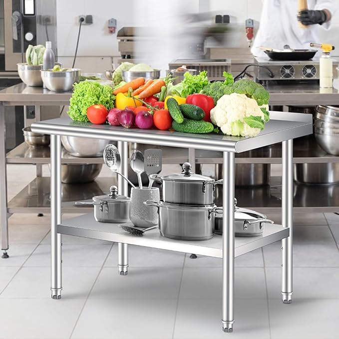 Stainless Steel Prep Table, 36 x 24 Inches, with Backsplash, Adjustable Undershelf and 4 Caster Wheels, Commercial Heavy Duty Table with Adjustable Under Shelf for Outdoor Use,Restaurants,Hotels,Works