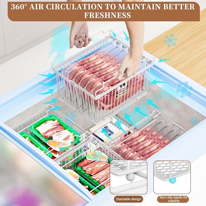 Large Freezer Organizer Bins，Upgraded Bottom Leak-Proof net，Fit 5 to 9 Cu Ft Chest Freezer，5 Pack， Expandable Stackable Chest Freezer Containers with Handle (White-5P)