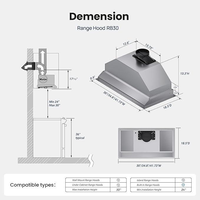 VIKIO HOMERange Hood Insert/Built-in 36 Inch, Kitchen Hood with 980 CFM, 3-Speed, Ducted/Ductless Convertible, Stainless Steel Vent Hood/Gesture/Touch Control, 3 Pcs Baffle Filters with Handlebar