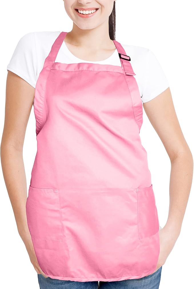 DALIX Apron Commercial Restaurant Home Bib Spun Poly Cotton Kitchen Aprons (2 Pockets) (12, Pink)