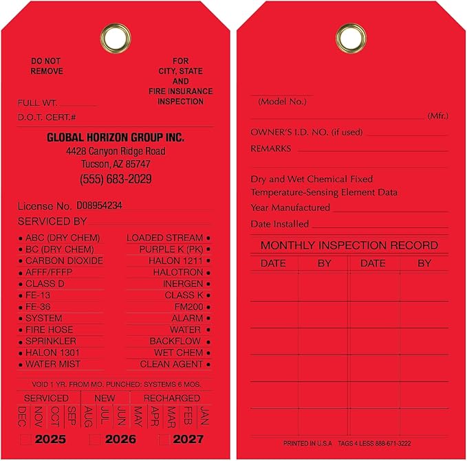 Tags 4 Less Custom Fire Extinguisher Tags – Preventative Maintenance Labels for Monthly Inspections, Alternative to Safety Sticker for Easy Record-Keeping – Pack of 100 (Red, Vinyl Plastic)