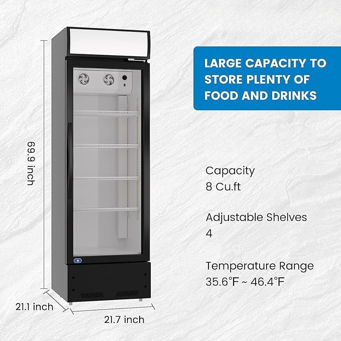 Merchandiser Refrigerator with Glass Doors 23”, Beverage Display Cooler, Commercial Upright Refrigerator Display with LED Lighting, Adjustable Shelves for Beverages, Beer, and Drinks, Black