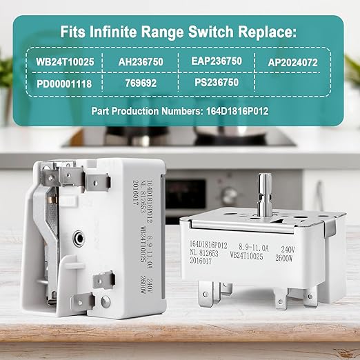 WB24T10025 Infinite Range Control Switch for GE Electric Range Stove, 8 Inch Surface Burner, Replacement for AH236750, EA236750, AP2024072, 769692, PS236750