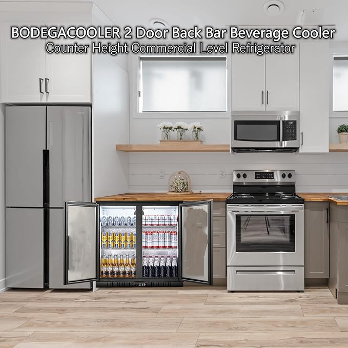 BODEGA BODEGACOOLER Commercial Bar Refrigerator with 2 Glass Door,7.4 Cu.Ft Beverage Refrigerator Cooler,Large Display Bar Cooler Fridge,Adjustable Shelves,Hold Beer,Soda Drinks,Wine