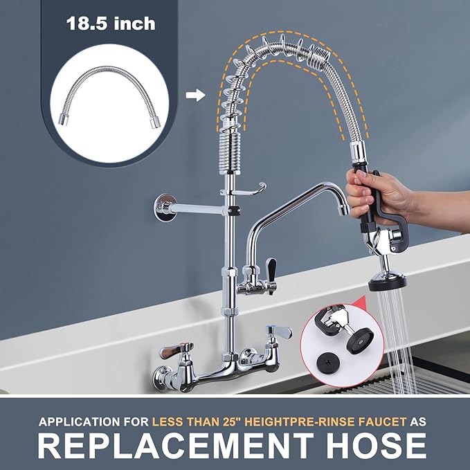 18.5" Commercial Sink Faucet Sprayer Hose, Pre-rinse Sprayer Hose for Commercial Kitchen Sink Faucet, 18.5 Inch Stainless Steel Flexible Hose Replacement Kit for Restaurant Industrial Dishwasher