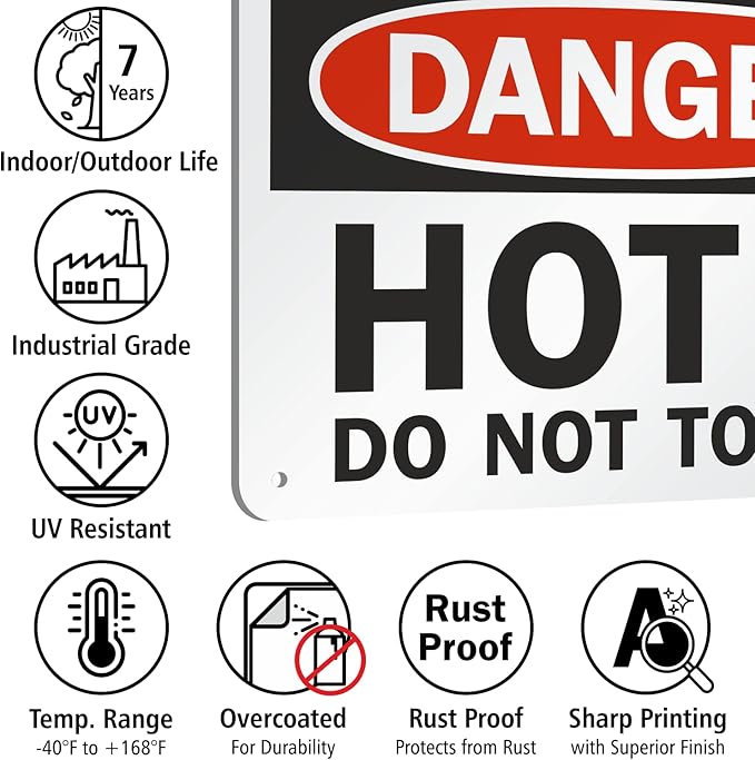 SmartSign-U9-1787-NA "Danger - Hot, Do Not Touch" Sign | 7" x 10" Aluminum , Black/Red on White