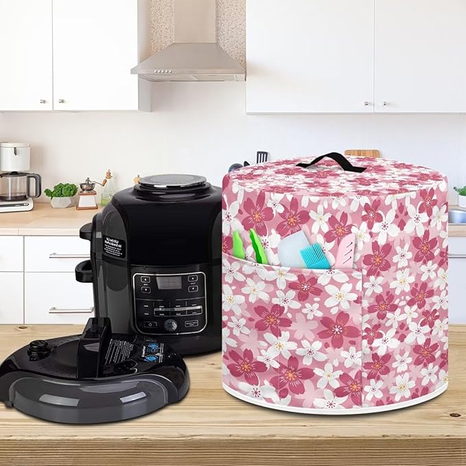 TODIYADDU Pink Cherry Blossoms Pressure Cooker Cover with Handle and Storage Pocket for Extra Accessories Portable Kitchen Small Appliance Dust Cover Protective Case