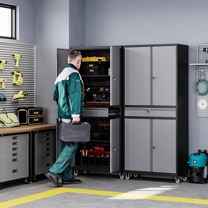 Letaya Metal Garage Storage Cabinet with Wheels,72” Rolling Tool Cabinet with 4 Door Lock-Adjustable Shelves and Drawer for Garage Home Office Utility Room (Black&Gray with Wheels)