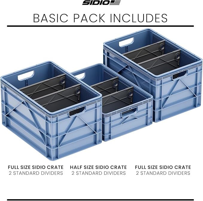 SIDIO CRATE Basic Pack - Two Full Size and One Half Size SidioCrate, Stackable Outdoor Organizer Storage Bins with Dividers - Navy Gray