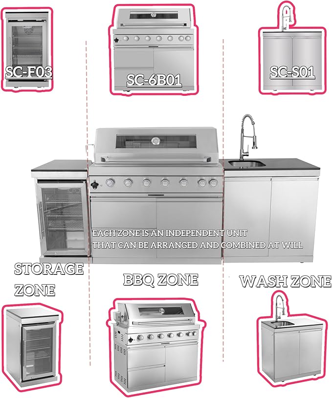 96'' 6-Burner 85000 BTU Deluxe Stainless Steel Natural Gas Outdoor Kitchen Island with Grill, Wine Cooler Compact Refrigerator, Rotisserie Kit, Granite Countertops, Stainless Steel Sink, Silver