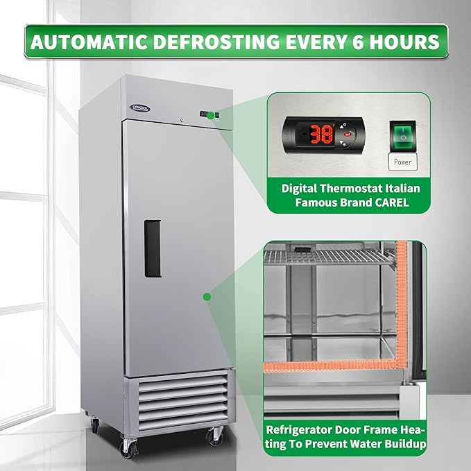 27" W Commercial Reach-In Upright Refrigerator - Single Door Stainless Steel Fridge, 23 Cu.ft Capacity, 3 Adjustable Shelves, Auto Defrost, Digital thermostat control, LED Lighting