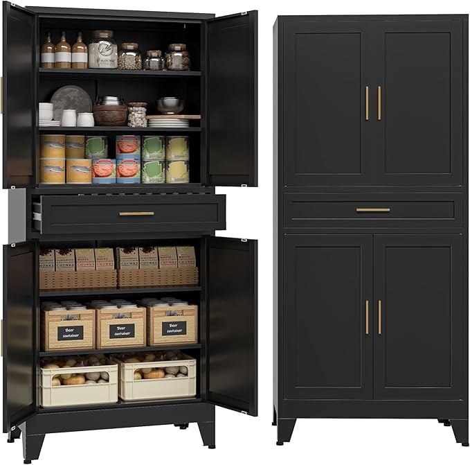 COFaR 71" Modern Pantry Cabinet with Drawer, Black Storage Cabinet with Adjustable Shelves, 3-Section Industrial Cupboard for Kitchen & Office