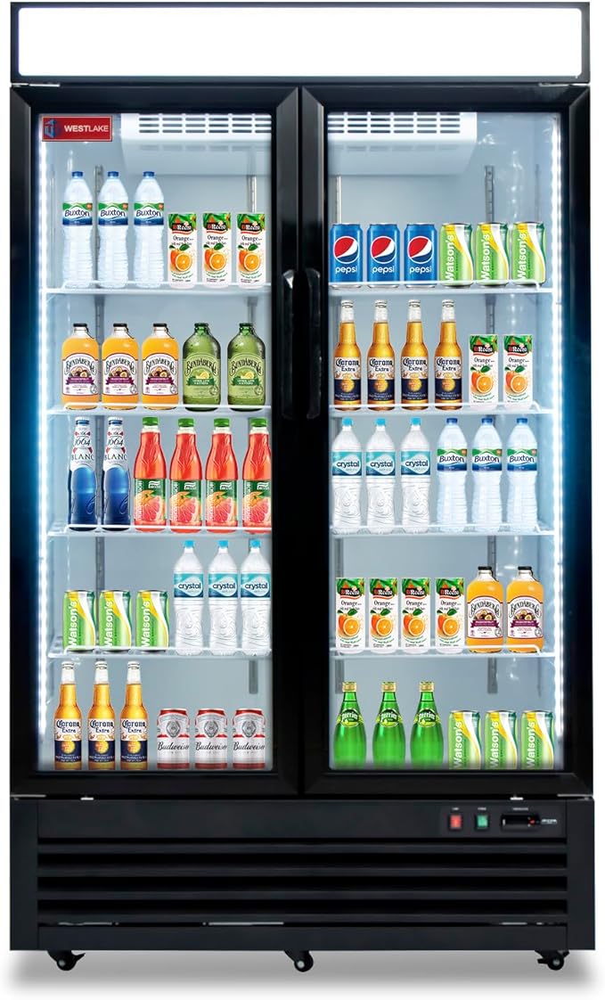 WESTLAKE 48" W Merchandiser Commercial Display Refrigerator 2 Glass Door 2 Section Reach-in Glass Door Upright Fan Cooling 36 Cu.ft Cooler for Restaurant, Bar, Shop, etc