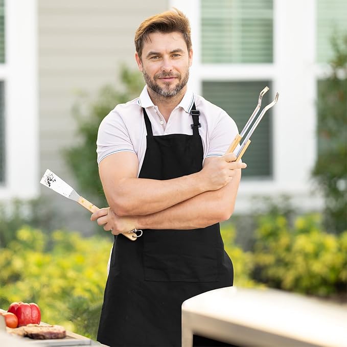 Adjustable Bib Apron 100% Polyester Kitchen Aprons Waterdrop Resistant Aprons with Adjustable Strap, Pockets & Long Ties