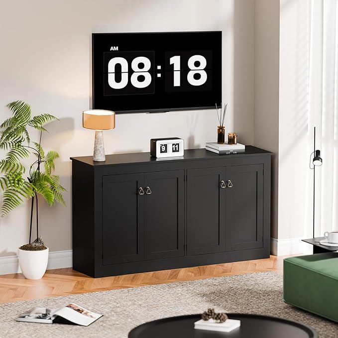 Cozy Castle Buffet Cabinet with Storage - Kitchen Storage Cabinet Wood Console Table Coffee Bar Accent Cabinets for Living Room Dining Room Entryway Black 57.5" W