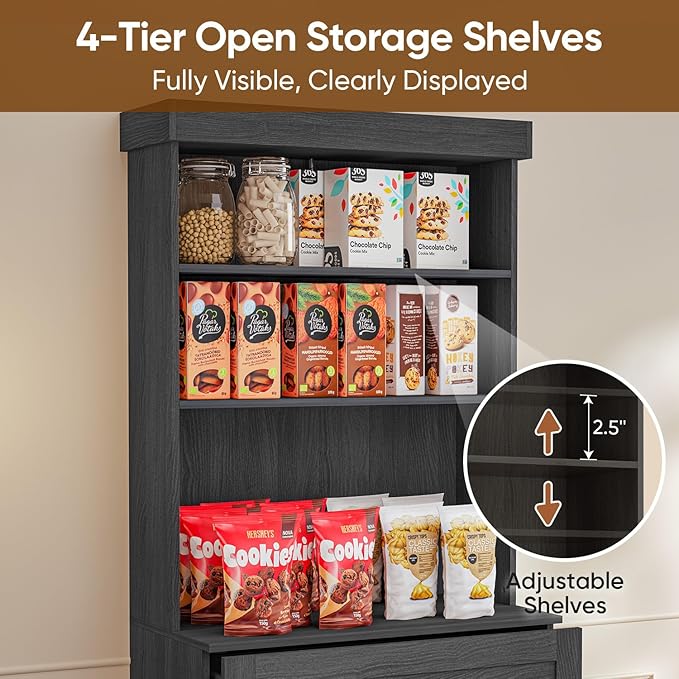 71" Tall Farmhouse Kitchen Pantry, Large Storage Cabinet with Drawers, Freestanding Coffee Bar Hutch with Microwave Stand, Adjustable Shelves for Kitchen, Living Room, Black 4 Pcs