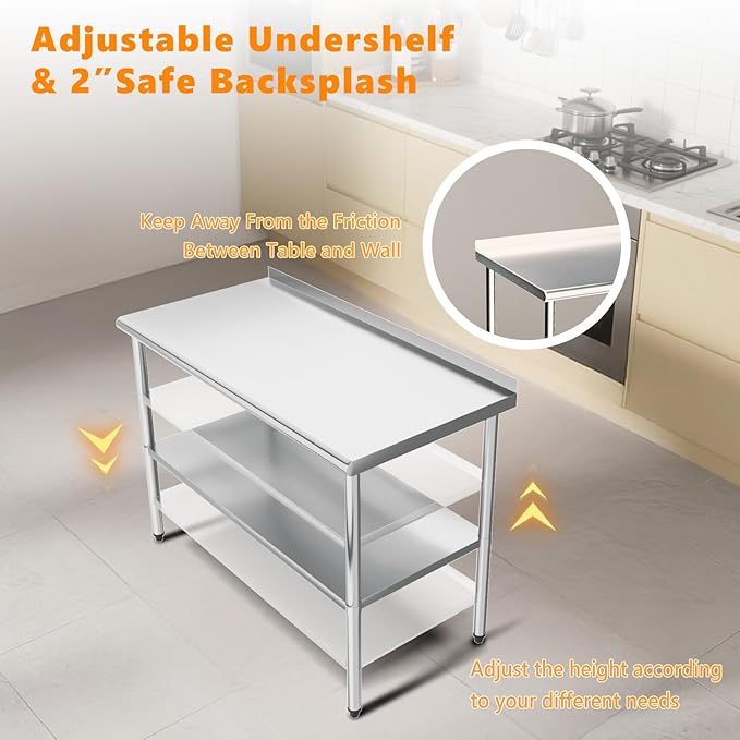 ROVSUN 60'' x 24'' Stainless Steel Table for Prep & Work,Commercial Worktables & Workstations, NSF Heavy Duty Metal Table with Adjustable UnderShelf & Backsplash for Kitchen,Restaurant,Home,Hotel