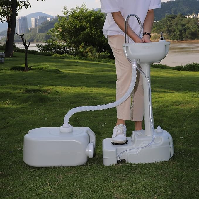 Outvita Portable Camping Sink w/ 19L Water Tank Rolling Wheels Towel Holder Soap Dispenser Faucet, Outdoor Foot Pump Washing Station for RV Boat Travel Picnic Worksit