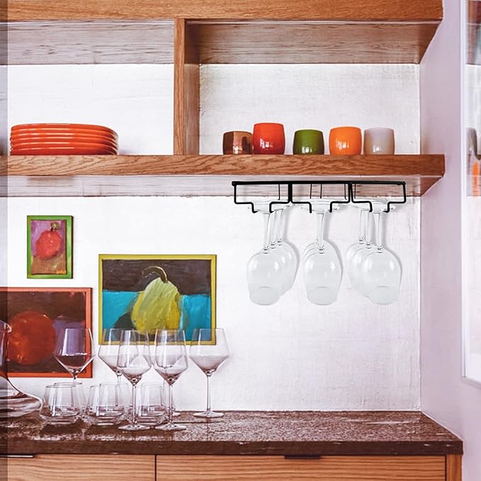 Wine Glass Rack, 2 Pack Under Cabinet Stemware Rack Wine Glass Holder, 3 Rows Black Metal Wine Glass Storage Hanger Under Shelf for Cabinet Kitchen BarWtiujhg Wine Glass Rack, 2 Pack Under Cabinet Stemware Rack Wine Glass Holder, 3 Rows Black Metal Win...