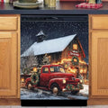 Christmas Red Truck with Barn Scene Magnetic Dishwasher Cover Vinyl Sticker,Vintage Barn Dishwasher Magnet Cover, Xmas Fridge Door Cover Magnets Art Skin Panel Decal for Home Decor, 23"X26"