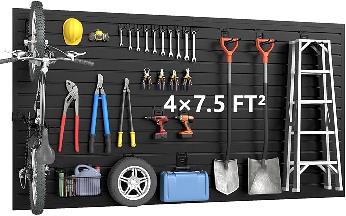 DoCred Slatwall Paneling Organizer, 4x7.5 FT PVC Garage Slat Wall Storage Systems, Heavy Duty Mounted Slat Peg Board for Tool Organization Ladder Bike Rack (Black)