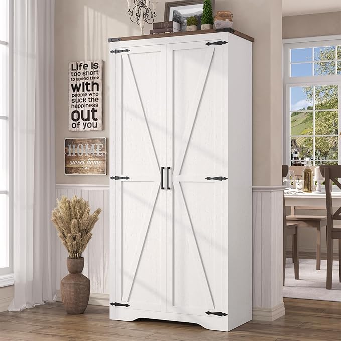 69" Tall Storage Cabinet with Adjustable Shelves, Farmhouse Pantry Organize with 2 Barn Doors, Large Freestanding Cabinet for Kitchen, Garage, Basement, Living, Utility Room, Off-White